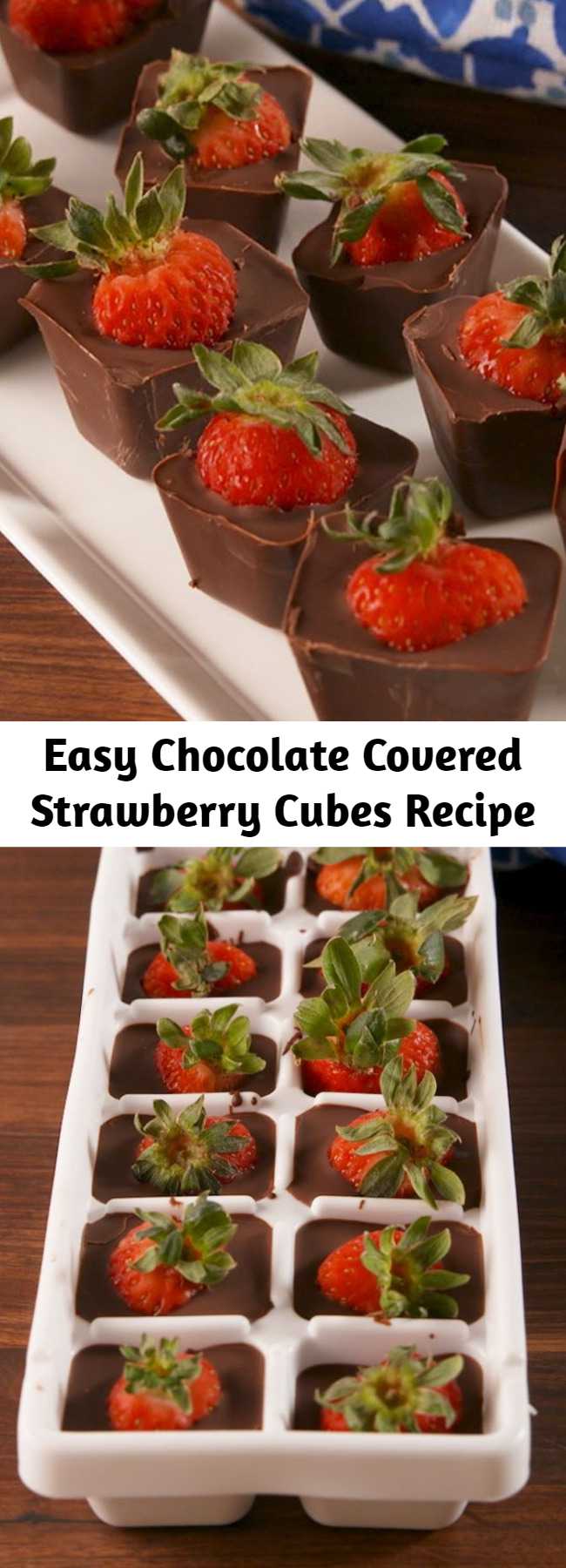 Easy Chocolate Covered Strawberry Cubes Recipe - This ice cube tray hack is the easiest way to make chocolate covered strawberries. The perfect chocolate to strawberry ratio. #recipe #easyrecipe #chocolate #strawberry #strawberries #valentinesday #valentine #hack #lifehack #dessert #sweet #coconutoil