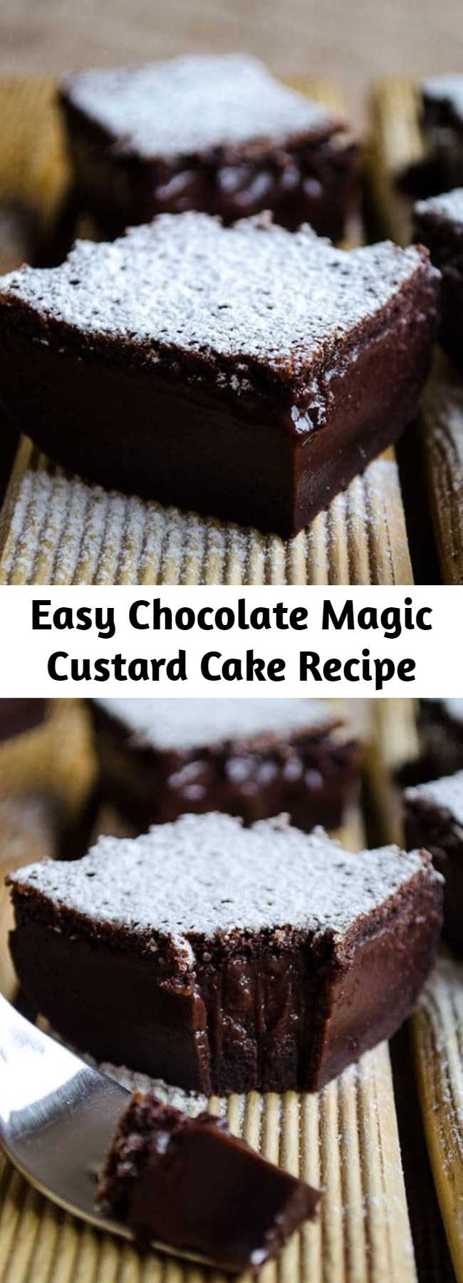 Easy Chocolate Magic Custard Cake Recipe - Chocolate Magic Custard Cake will blow your mind with its look and taste. One cake batter results in 3-layered cake. Don’t worry about the runny batter, it will bake up perfectly! #cake #chocolate #custard #dessert