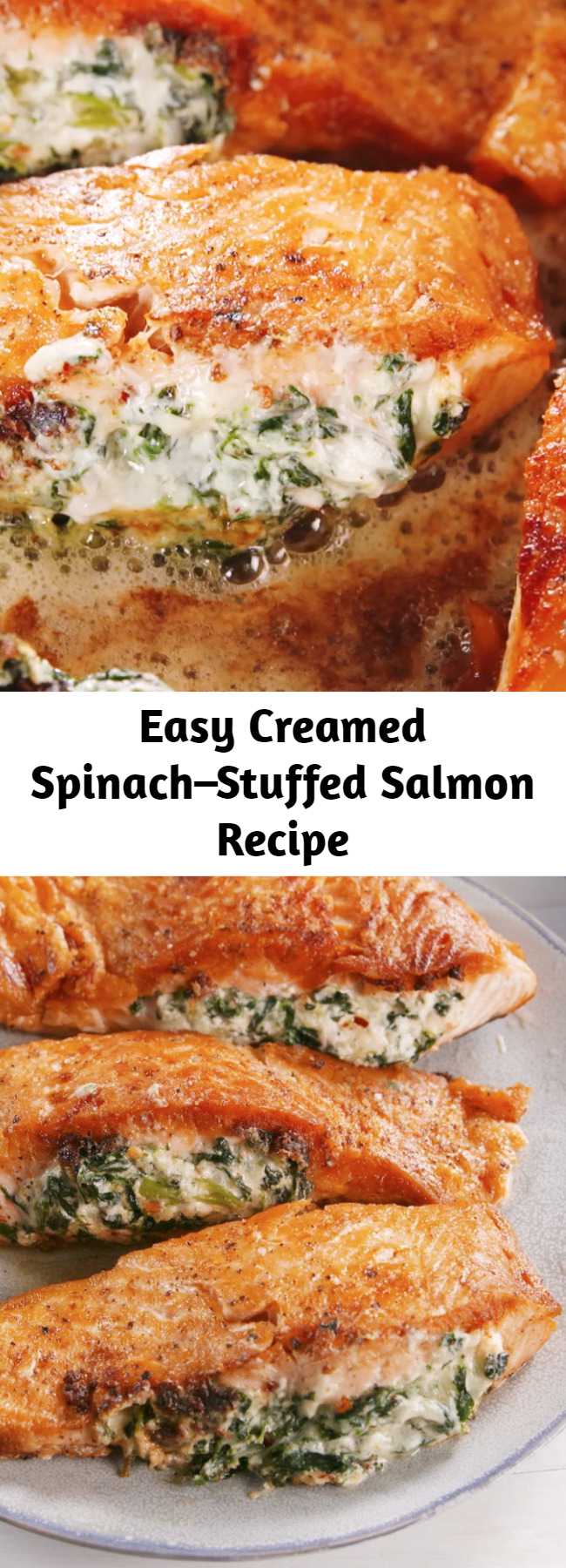 Easy Creamed Spinach–Stuffed Salmon Recipe - If you're skeptical about the combination of cheese and salmon, don't be. We promise you, it's AMAZING. #easy #recipe #salmon #stuffed #seafood #dinners #creamcheese #cheesy #garlic #stuffing