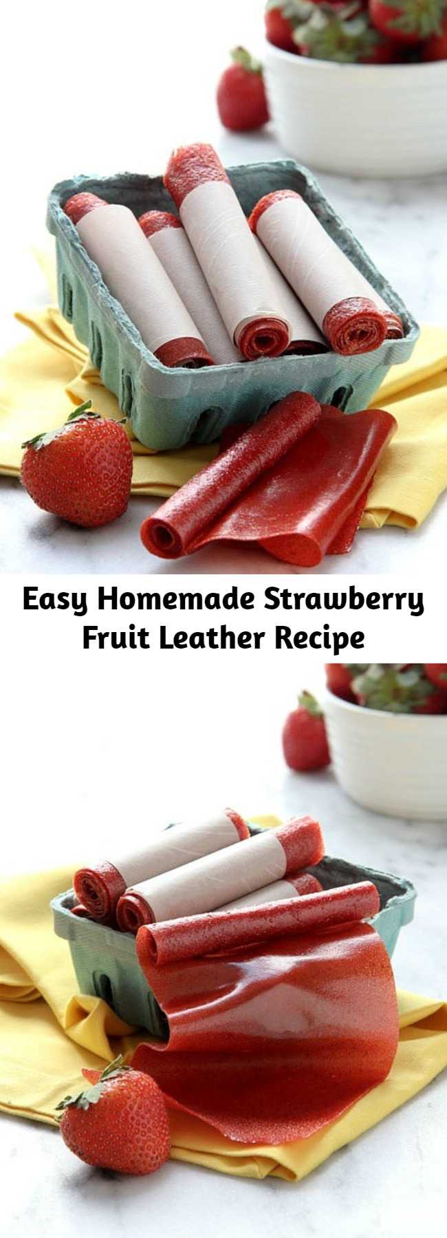 Easy Homemade Strawberry Fruit Leather Recipe - Easy homemade strawberry fruit leather, requiring only a few simple ingredients and an oven! Tastes just like your favorite fruit roll-up, only better.