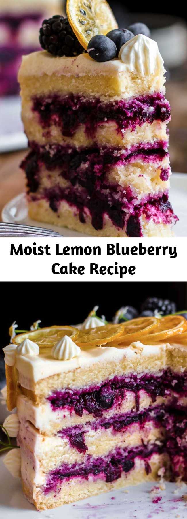 Moist Lemon Blueberry Cake Recipe - This Lemon Blueberry Cake is tangy, sweet, super moist, and creamy. The soft lemon cake layers are filled with a blueberry sauce filling and an ultra-creamy lemon cream cheese frosting. #lemon #blueberry #cake #creamcheesefrosting #baking #sweets #dessert