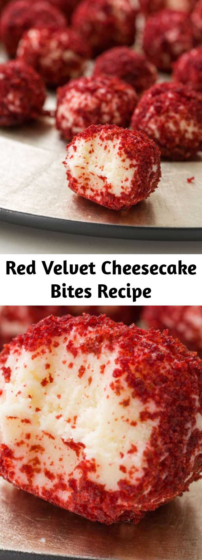Red Velvet Cheesecake Bites Recipe - Need an easy recipe for holiday truffles? Covered in red velvet cake crumbs, these sweet cheesecake balls are the perfect small bite for any holiday party.