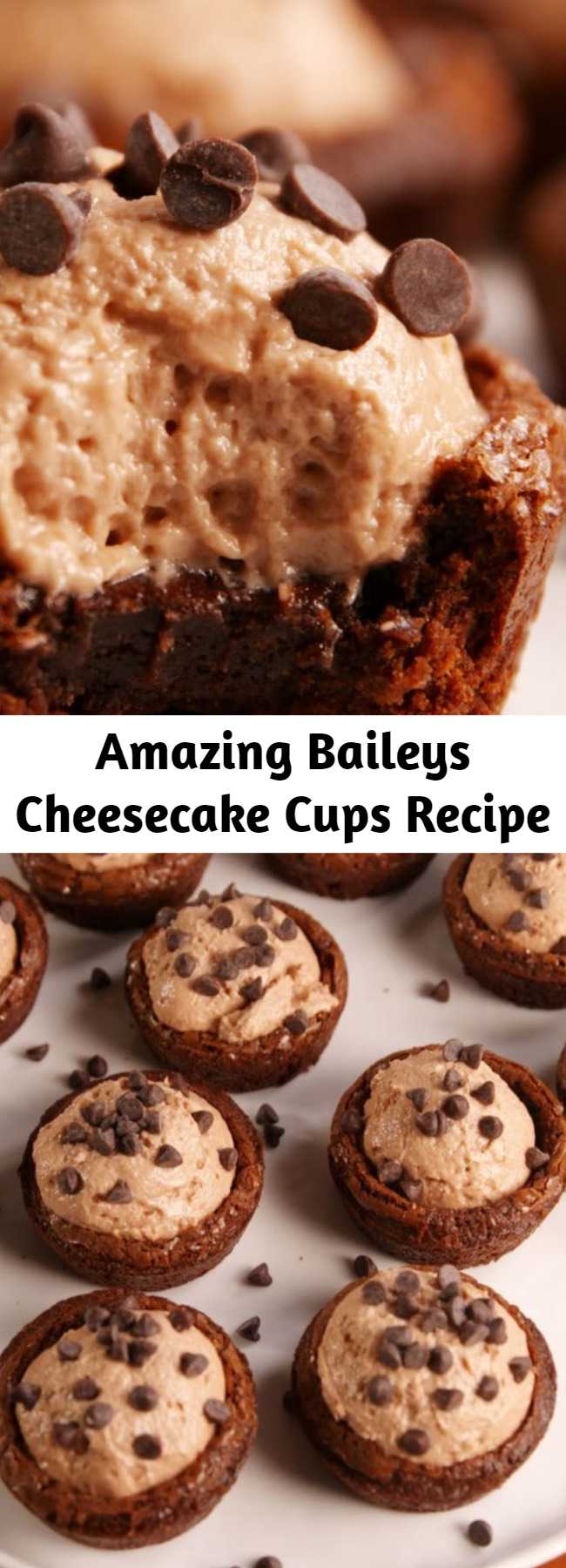 Amazing Baileys Cheesecake Cups Recipe - These brownie cups have got the most amazing, creamy Bailey's filling. Brownies, cheesecake, and booze? Sign us up.