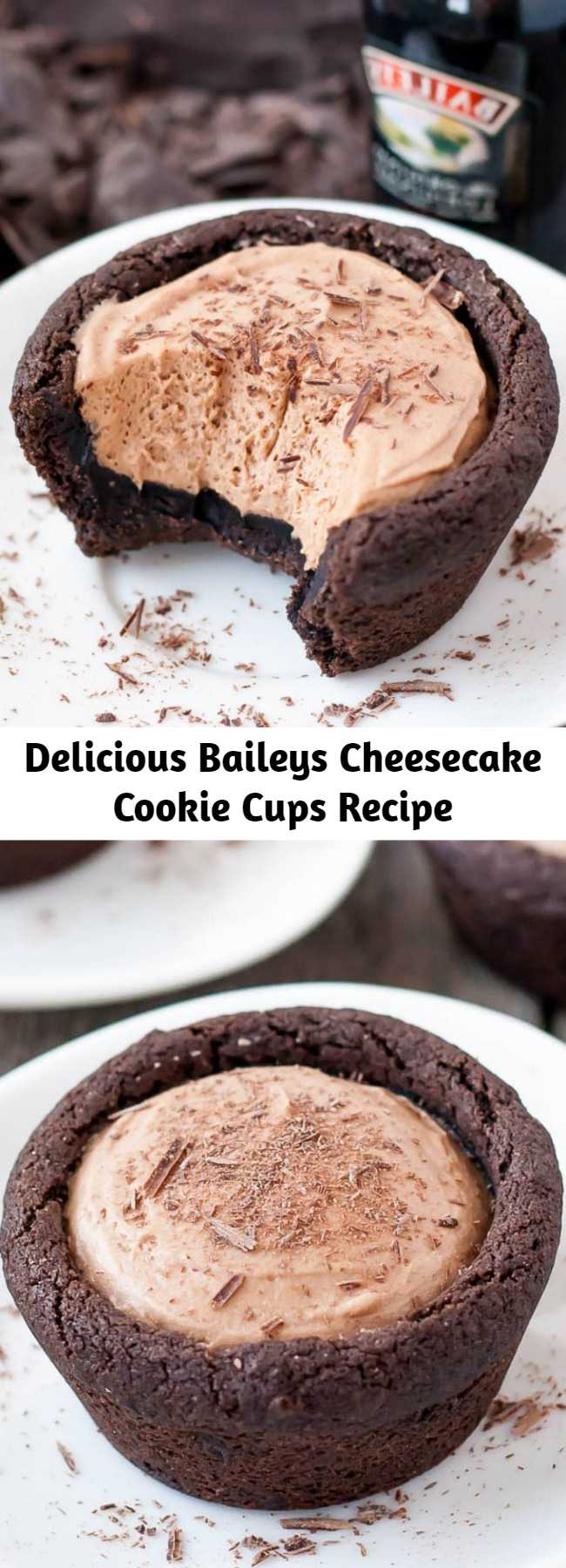 Delicious Baileys Cheesecake Cookie Cups Recipe - Chocolate cookie cups filled with a chocolate Baileys cheesecake. The perfect bite-sized indulgence!