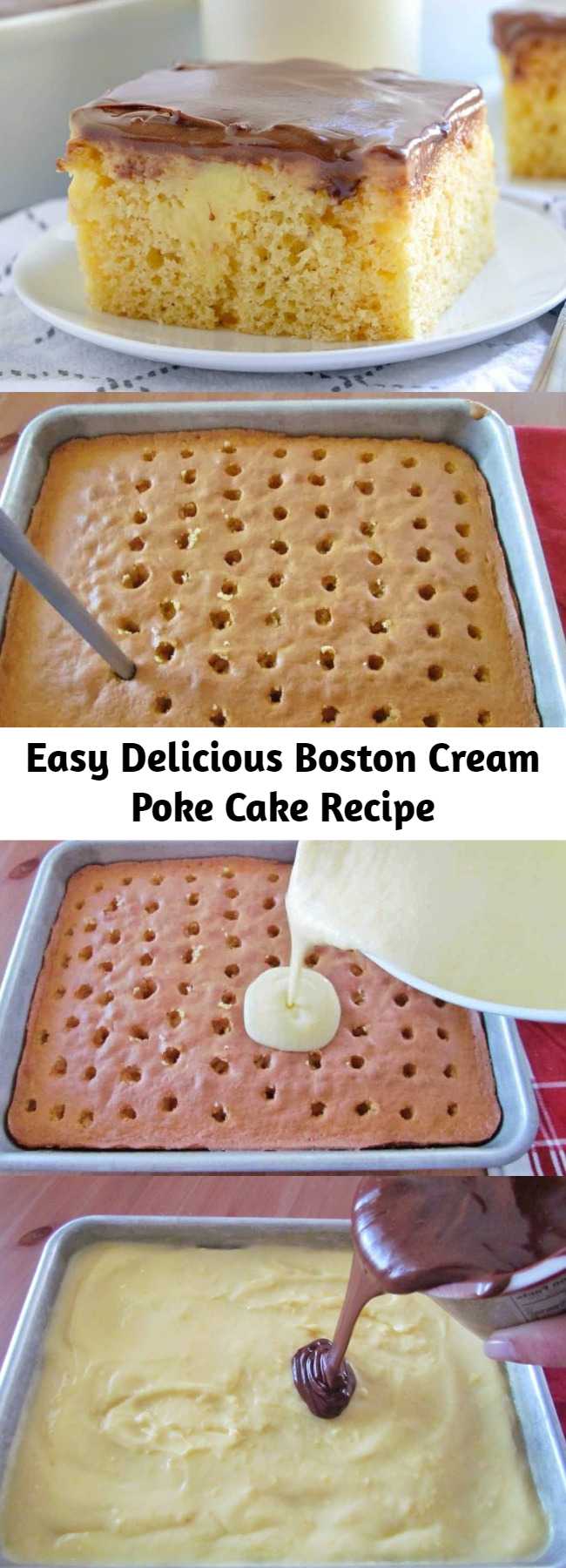 Easy Delicious Boston Cream Poke Cake Recipe - This Boston Cream Poke Cake tastes just like the pie but in cake form! Easily made with a boxed cake mix, pudding and chocolate frosting!