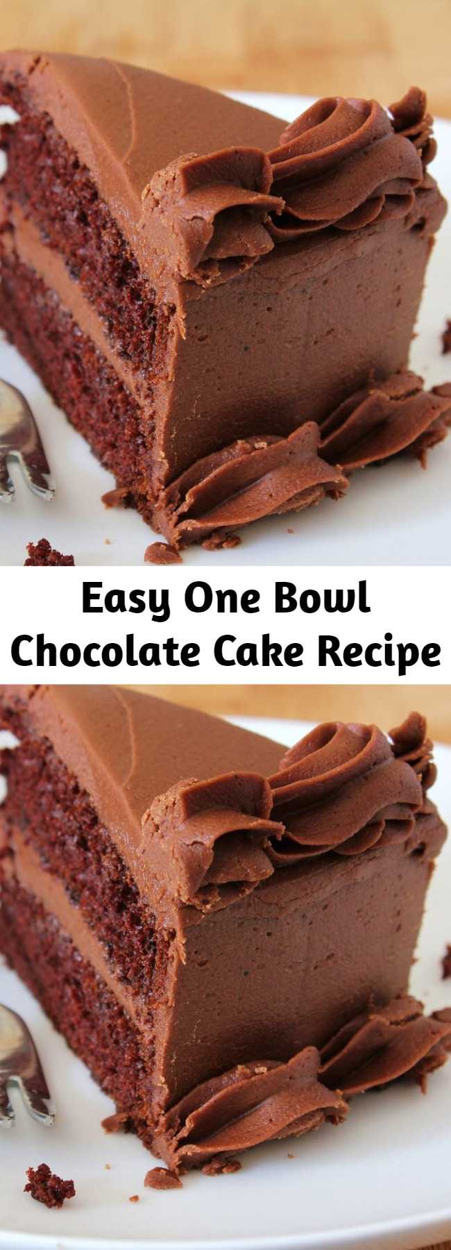 Easy One Bowl Chocolate Cake Recipe - This is a rich and moist chocolate cake. It only takes a few minutes to prepare the batter. Frost with your favorite chocolate frosting.
