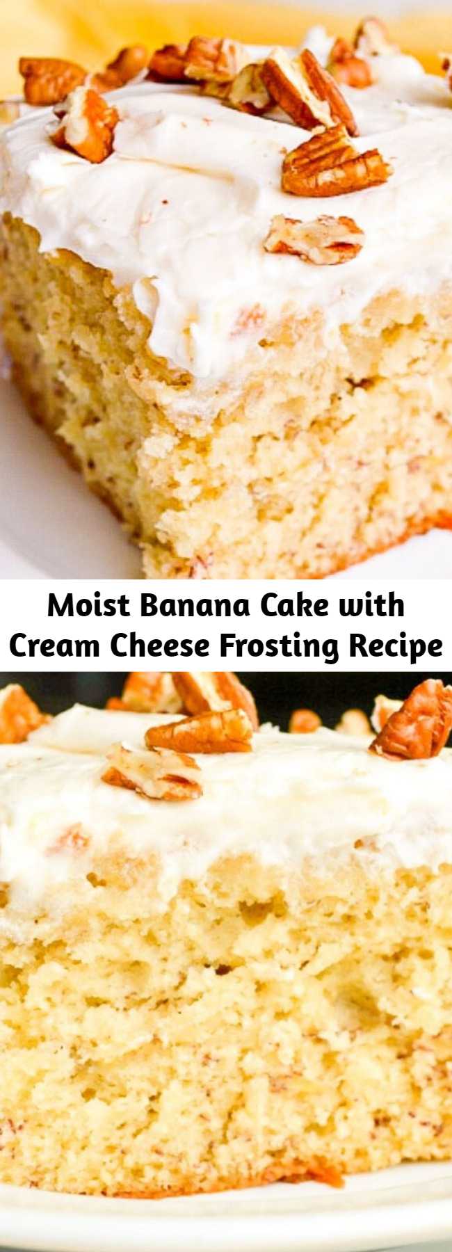 Moist Banana Cake with Cream Cheese Frosting Recipe - Banana Cake with Cream Cheese Frosting combines common pantry ingredients into a tender, moist cake with tons of banana flavor and a tangy, sweet frosting!
