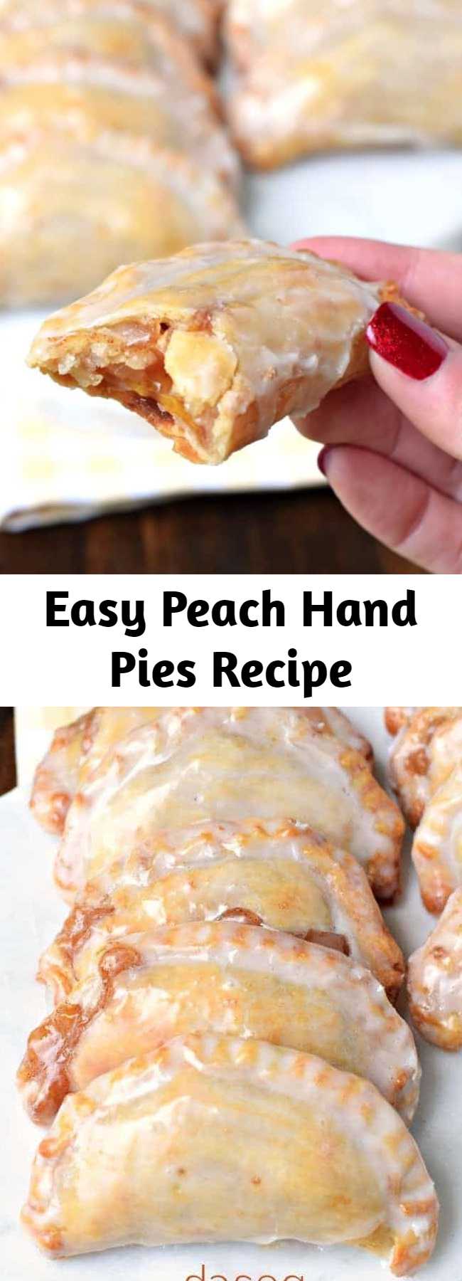 Easy Peach Hand Pies Recipe - Dessert is ready in 30 minutes with these Glazed Peach Hand Pies! The flaky crust and spicy cinnamon filling are the perfect combo in a hand pie, plus they're baked not fried! #handpies #piefilling #peach #dessert