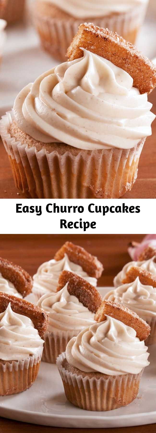 Easy Churro Cupcakes Recipe - These cinnamon-sugar cupcakes use melted butter, which makes them taste more like the fried treat they are topped with. If you can't find frozen or premade churros, you can always make our easy churro recipe! #easy #recipe #churro #cupcakes #churrocupcakes #cinnamon #homemade #dessert