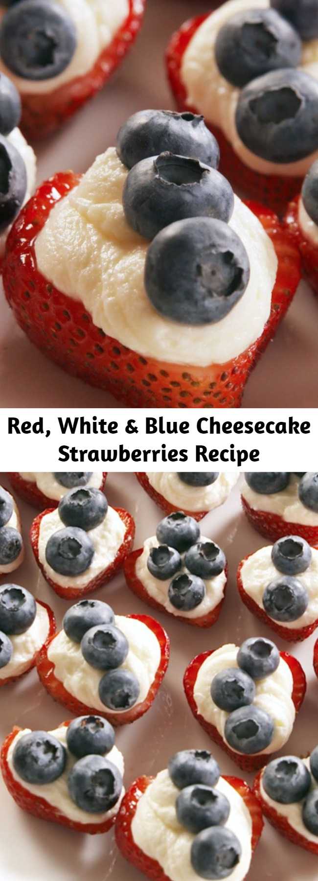 Red, White & Blue Cheesecake Strawberries Recipe - When you're looking for an easy July 4th dessert, look no further than these adorable — and, ugh, so addictive — red, white, and blue strawberries. The slightly sweet cheesecake filling is the perfect complement to the berries. They might be better than watching the fireworks.