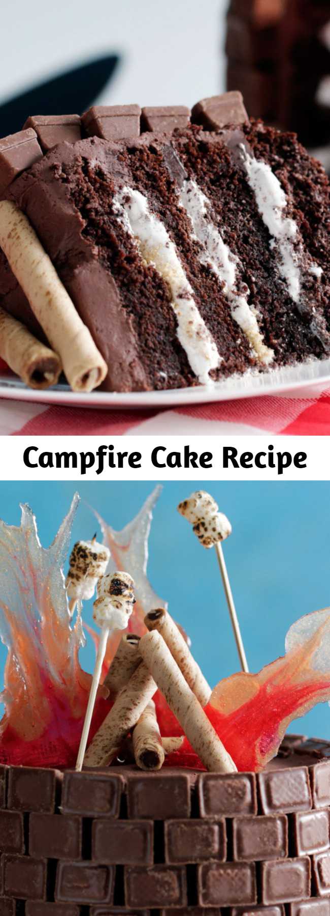 Campfire Cake Recipe - Here's the perfect birthday cake idea for a backyard party or camping party or for those outdoorsy types. This Campfire Cake recipe is sure to light up the birthday camper as well as the other party guests.