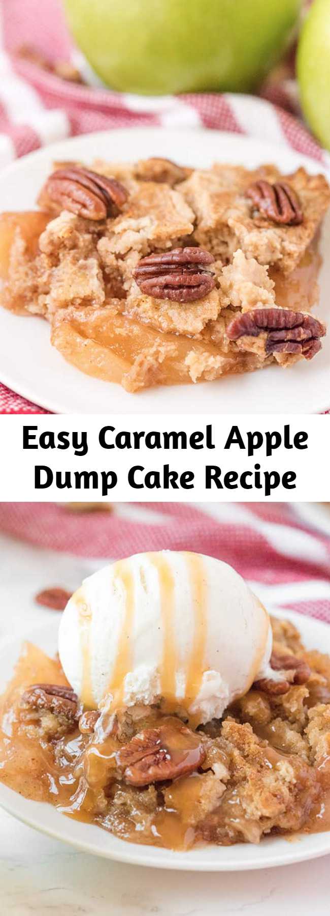 Easy Caramel Apple Dump Cake Recipe - SA simple recipe for Caramel Apple Dump cake made with butter pecan cake mix and apple pie filling! A tender and moist spiced cake with tender apples throughout topped with nuts and a caramel drizzle that is the perfect amount of sweetness. Add a scoop of ice cream or dollop of whipped cream and you have a straightforward dessert is crowd worthy. #dumpcake #caramel #apples