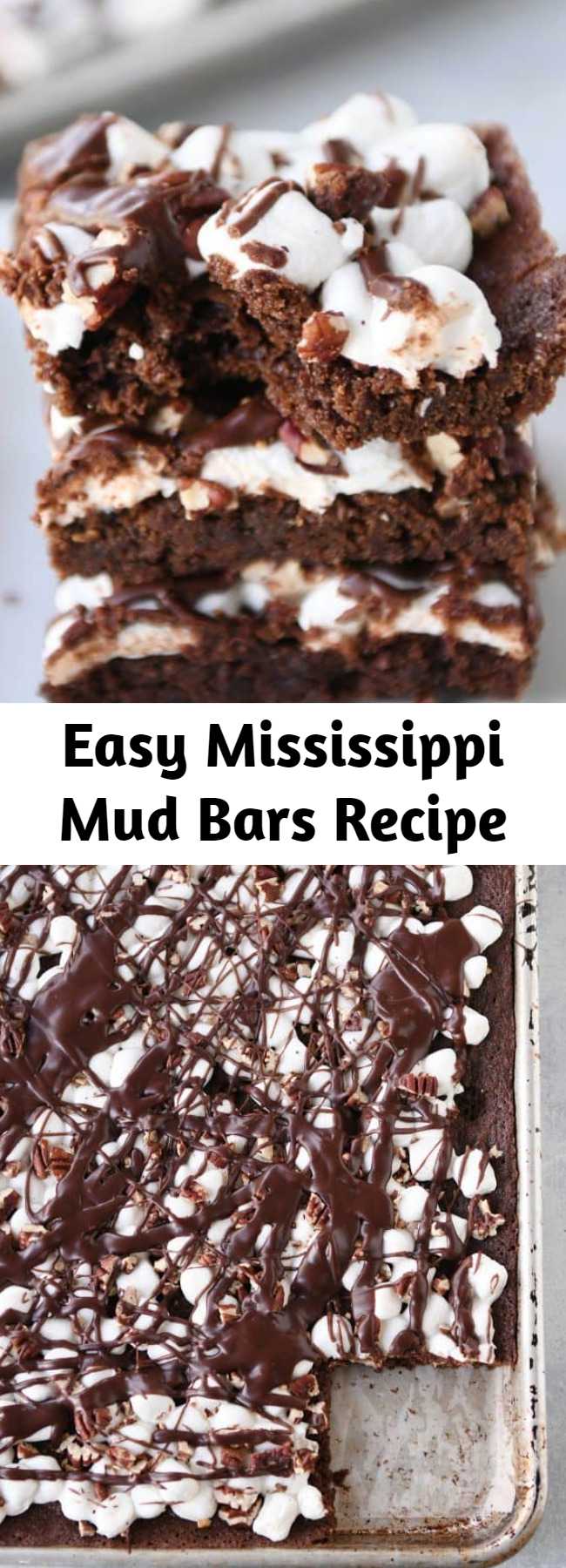 Easy Mississippi Mud Bars Recipe - The brownie + marshmallows + toasted pecans + fudge sauce combo has never been tastier (or easier!). These Mississippi Mud Bars are insanely delicious and so simple to make!