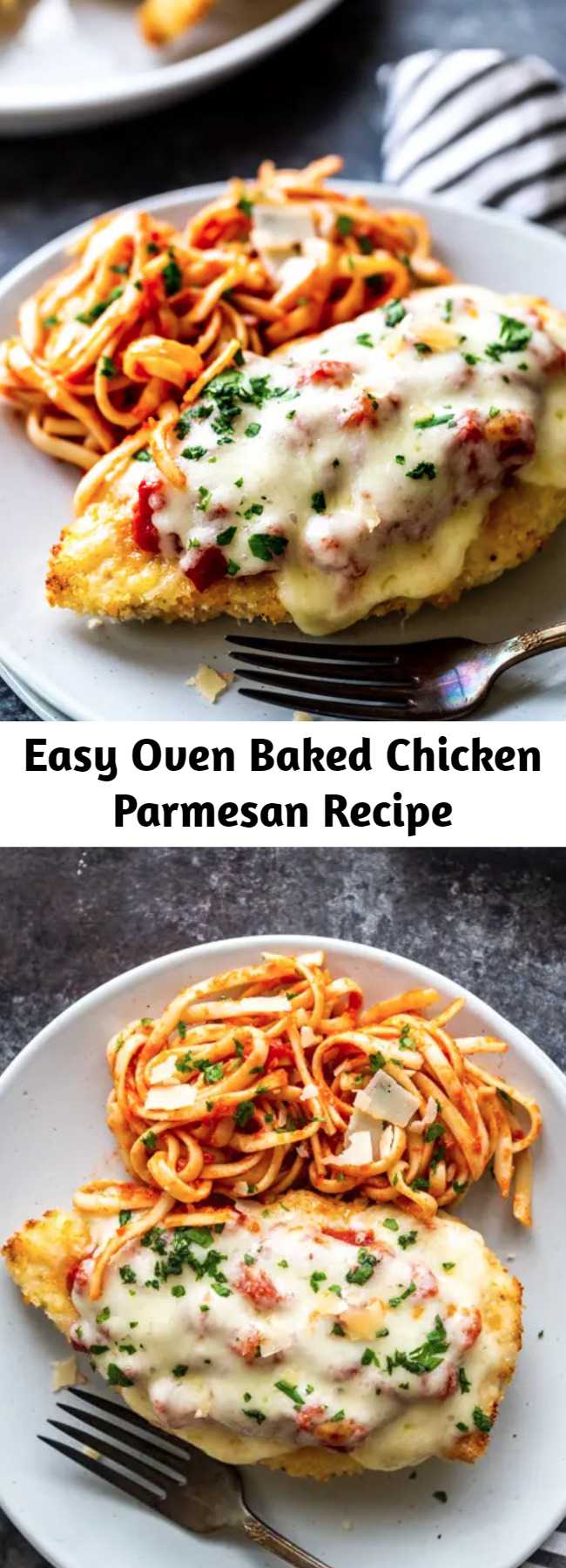 Easy Oven Baked Chicken Parmesan Recipe - This delicious Oven Baked Chicken Parmesan recipe is easy and doesn't require any frying. Because this chicken Parmesan is baked, it is healthy, quick and easy! Make this crispy baked Parmesan crusted chicken for dinner tonight in about thirty minutes!