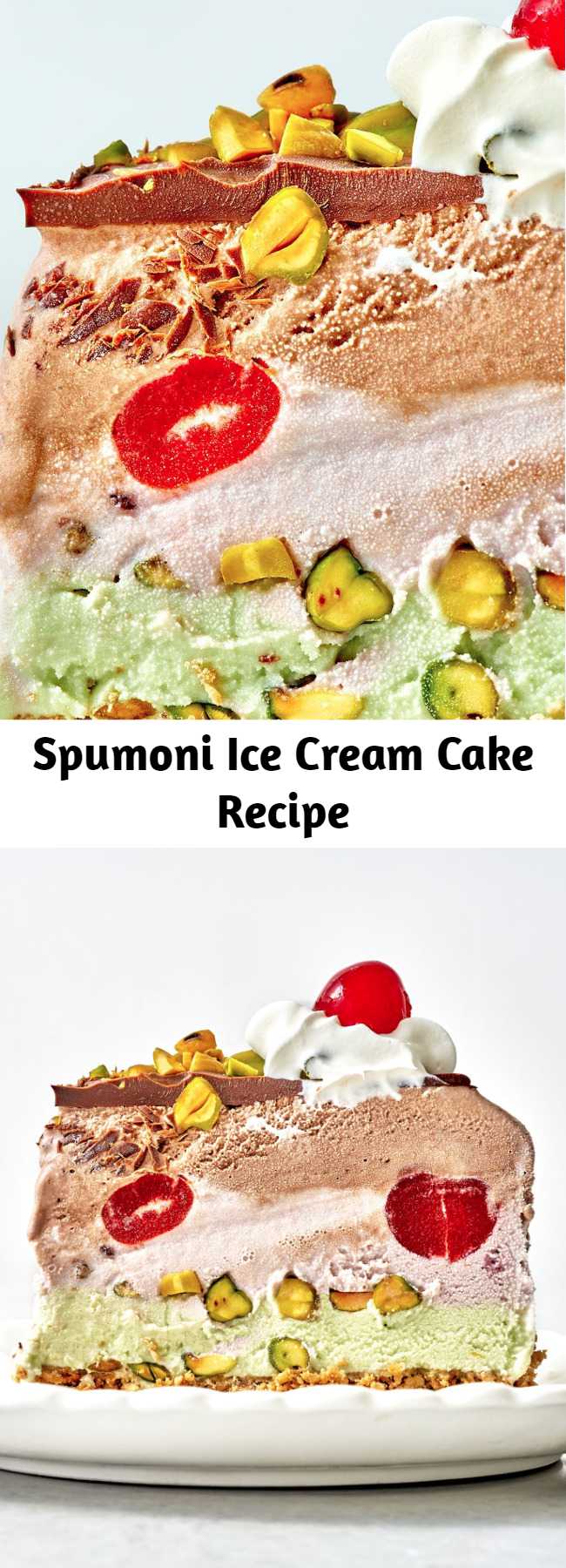 Spumoni Ice Cream Cake Recipe - Layers of ice cream, pistachios, and maraschino cherries are topped with homemade magic shell and whipped cream in this stunning Spumoni Ice Cream Cake recipe.