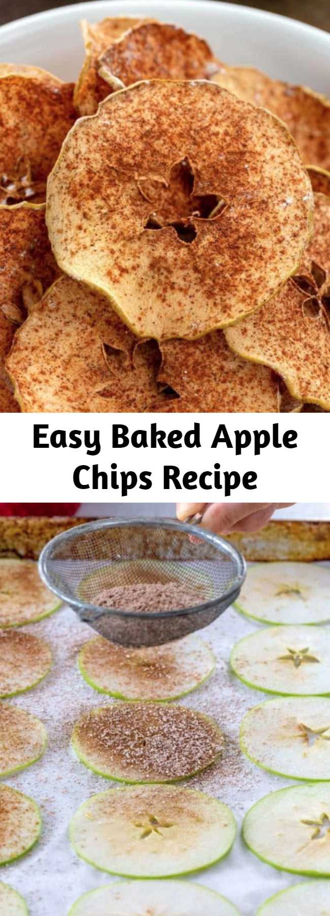 Easy Baked Apple Chips Recipe - Chose your favorite apple variety to make these simple and healthy baked cinnamon apple chips! Cinnamon enhances the flavor while cutting the apples into thin slices, and baking at a low oven temperature for a few hours ensures super crispy chips. These crisp apple chips are delicious and addicting, without the guilt!