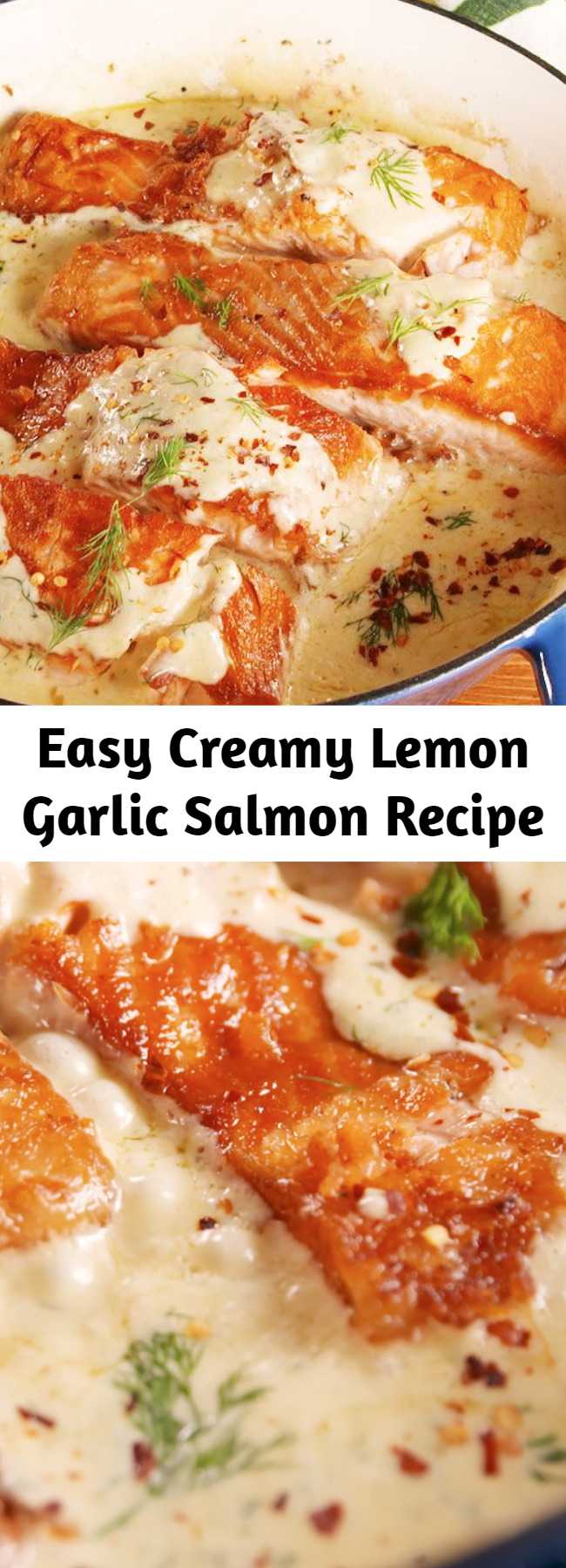 Easy Creamy Lemon Garlic Salmon Recipe - Dill's bright flavor is perfect for this creamy sauce. But if you're not a big fan, we recommend using something like thyme instead! Chives or parsley could also work, but their presence wouldn't be as bold. be as assertive. #dinnerrecipes #dinnerideas #seafood #salmonrecipes #salmon #datenight #datenightdinner #dinner #glutenfreerecipes #glutenfree