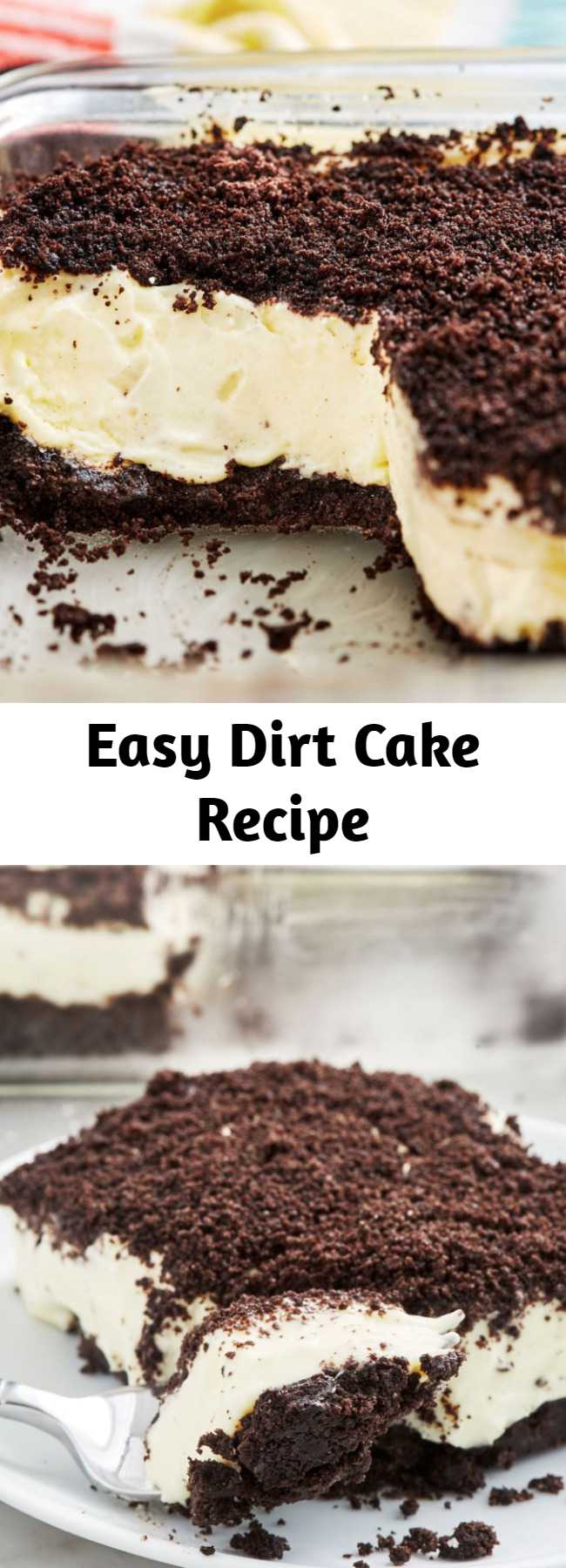 Easy Dirt Cake Recipe - Kids and adults alike will love to dig into this Dirt Cake. Throw some gummy worms on top to make it a little creepier!