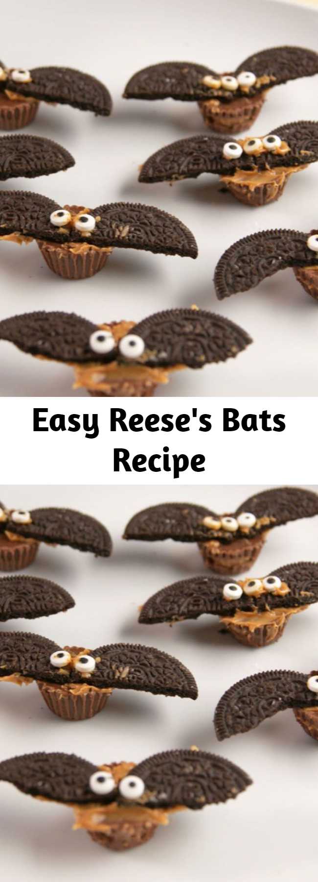 Easy Reese's Bats Recipe - These will fly away at your next Halloween party! #easy #recipe #reeses #bats #halloweenideas #halloween #halloweenfood #candy #chocolate #peanutbutter #oreo