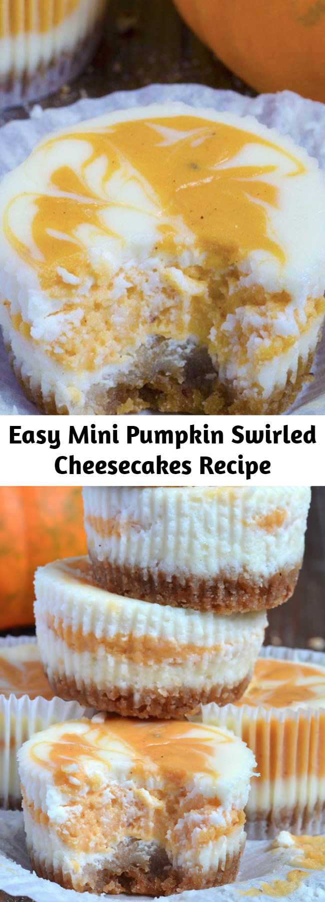 Easy Mini Pumpkin Swirled Cheesecakes Recipe - I always adore sweet cheesecake bites but with pumpkin I got more than I expect! These gorgeous Mini Pumpkin Swirled Cheesecakes are the best homemade treat to satisfy your fall flavor cravings. Perfectly swirled and spiced for a delicious pumpkin dessert!