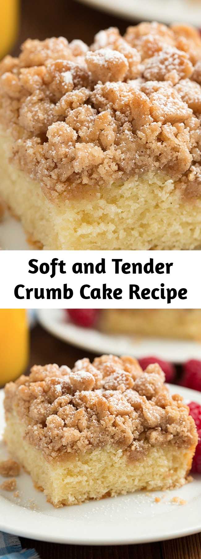 Soft and Tender Crumb Cake Recipe - A deliciously soft and tender cake topped with a crisp buttery crumble. Perfect for a weekend breakfast or holiday brunch.