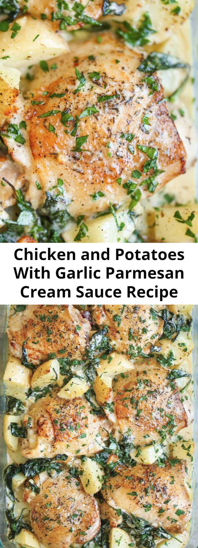 Chicken and Potatoes With Garlic Parmesan Cream Sauce Recipe - Crisp-tender chicken baked to absolute perfection with potatoes and spinach. A complete meal in one!