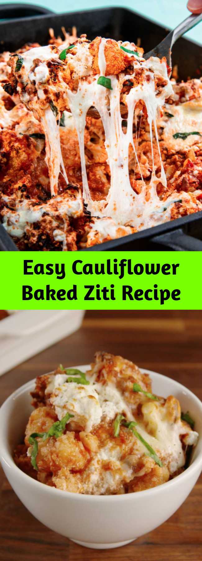 Easy Cauliflower Baked Ziti Recipe - There's not actually any ziti in this recipe. But you honestly won't even notice. The blanched cauliflower does a fine job of replacing the pasta. Just make sure to drain it well before tossing it with the sauce. #easy #recipe #cauliflower #healthy #lowcarb #baked #ziti #ricotta #cheese #diet #filling #hearty