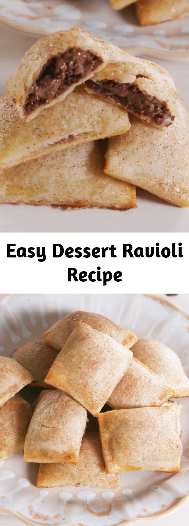 Easy Dessert Ravioli Recipe - How genius is this method?! You can fill these "ravioli" with all sorts of things, from fruit fillings to peanut butter and chocolate. We chose Nutella because we're obsessed with it. This Dessert Ravioli is the BEST thing to do with Nutella. #icecubetrayhacks #piedough #creamcheese #nutella #nutelladesserts #minidesserts