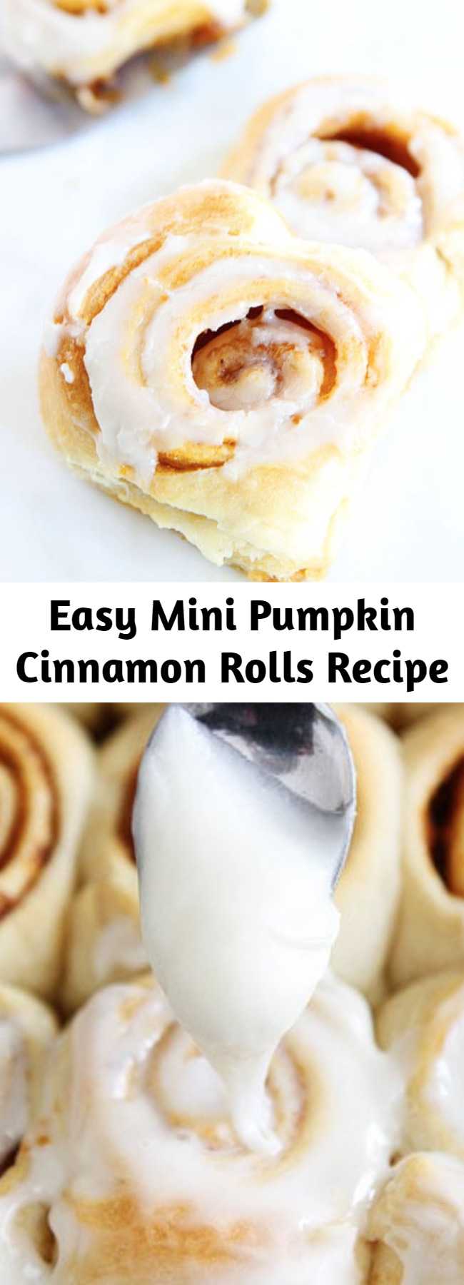 Easy Mini Pumpkin Cinnamon Rolls Recipe - Mini cinnamon rolls made with pumpkin butter and cream cheese frosting! The best part? They take less than 30 minutes to make!