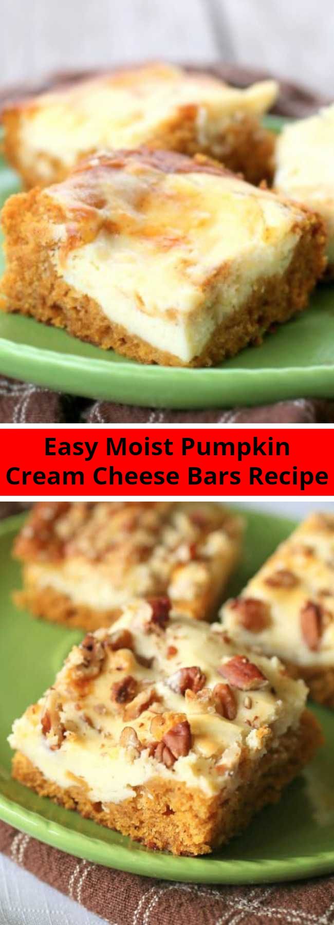 Easy Moist Pumpkin Cream Cheese Bars Recipe - These Pumpkin Cream Cheese Bars are moist pumpkin bars with swirls of cream cheese frosting throughout. This dessert will be on your fall treat recipe list every year.