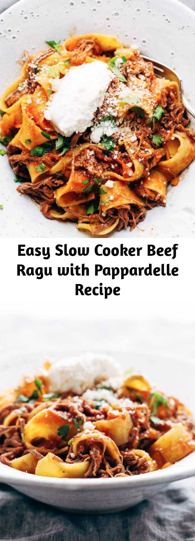 Easy Slow Cooker Beef Ragu with Pappardelle Recipe - Easy comfort food. We’re making this cozy, comforting Beef Ragu with Pappardelle! Steak is braised in the crockpot for hours with garlic, tomatoes, veggies, and herbs, then shredded and piled high on pappardelle with Parm cheese. #pasta #pappardelle #brunch
