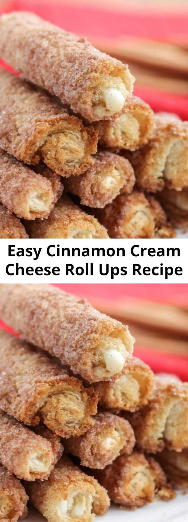 Easy Cinnamon Cream Cheese Roll Ups Recipe - Delicious Cinnamon Cream Cheese Roll-Ups - a simple and yummy breakfast treat. White bread flattened and rolled with a cream cheese and powdered sugar mixture, dipped in butter, cinnamon, and sugar!