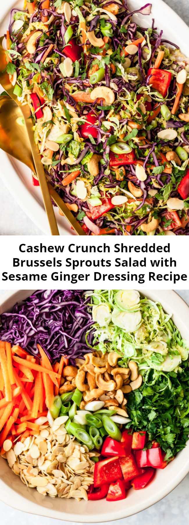 Cashew Crunch Shredded Brussels Sprouts Salad with Sesame Ginger Dressing Recipe - Delicious cashew crunch shredded brussels sprouts salad tossed in a flavorful sesame ginger dressing. This easy vegan salad recipe is loaded with colorful veggies and topped with roasted cashews and almonds. Great for meal prep, parties and potlucks! #saladrecipe #vegetarian #mealprep #potluck