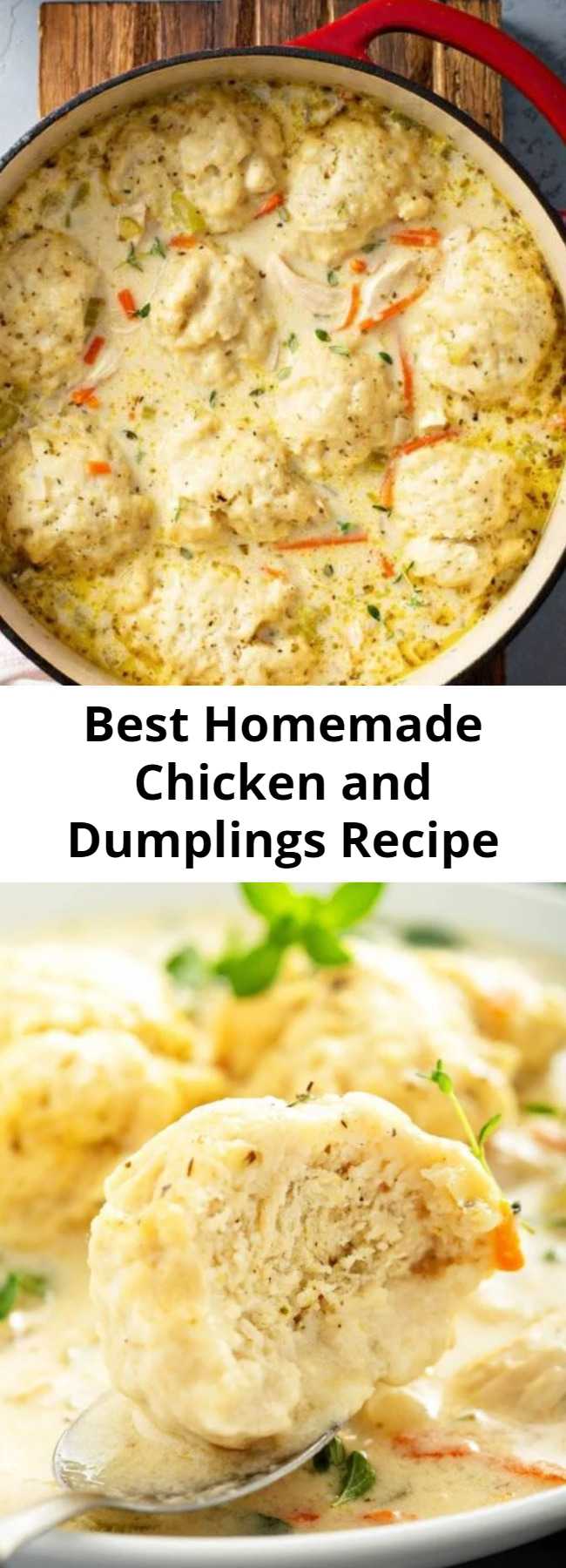 Best Easy Homemade Chicken and Dumplings Recipe - This easy recipe for my family’s favorite creamy Homemade Chicken and Dumplings is loaded with big fluffy dumplings that are made from scratch in just minutes! #ChickenAndDumplings #Dumplings #ComfortFood #Chicken #ChickenSoup #Soup #Dumplings #SouthernFood