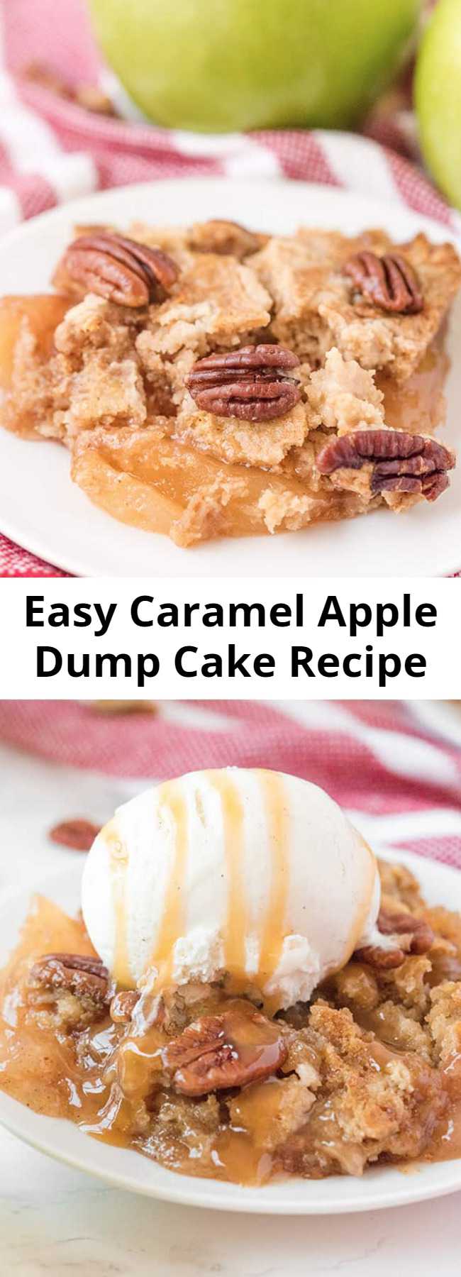 Easy Caramel Apple Dump Cake Recipe - SA simple recipe for Caramel Apple Dump cake made with butter pecan cake mix and apple pie filling! A tender and moist spiced cake with tender apples throughout topped with nuts and a caramel drizzle that is the perfect amount of sweetness. Add a scoop of ice cream or dollop of whipped cream and you have a straightforward dessert is crowd worthy. #dumpcake #caramel #apples