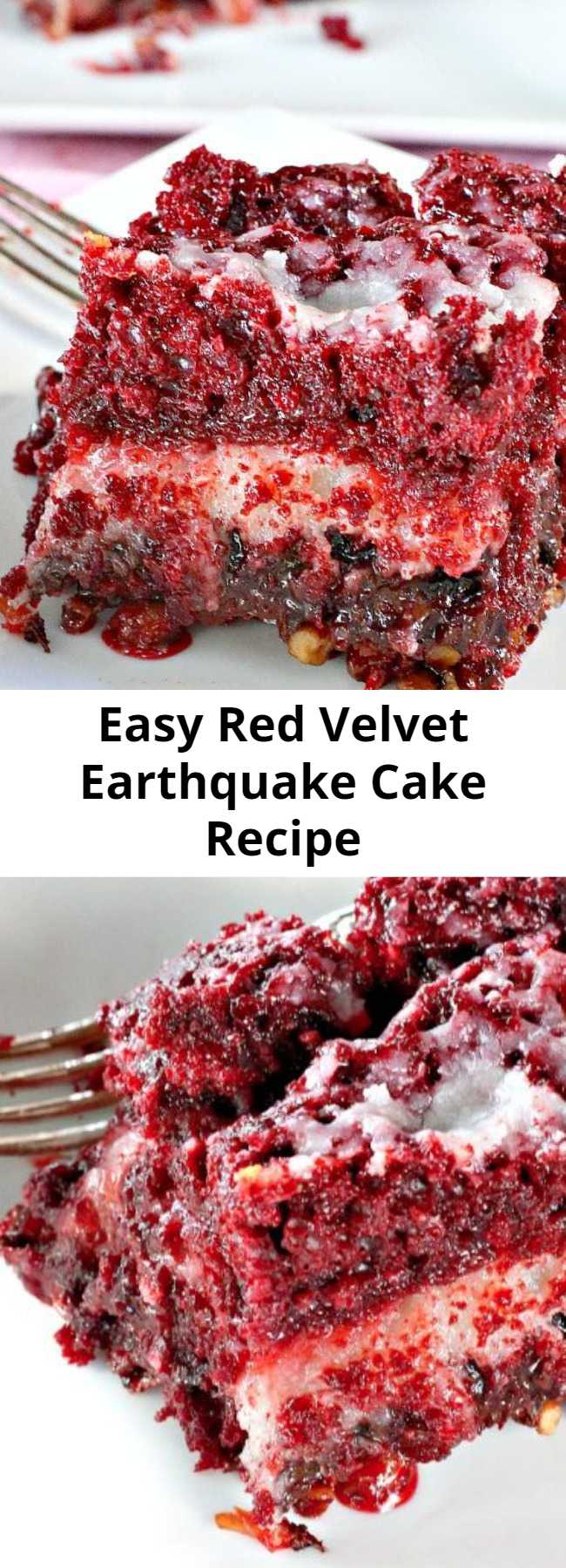 Easy Red Velvet Earthquake Cake Recipe - This delectable cake recipe calls for a Red Velvet cake batter and a cheesecake layer over top of pecans, coconut and chocolate chips. While baking the cake undergoes a seismic shift which explains its name. Fabulous for Christmas and Valentine's Day or other holiday baking.