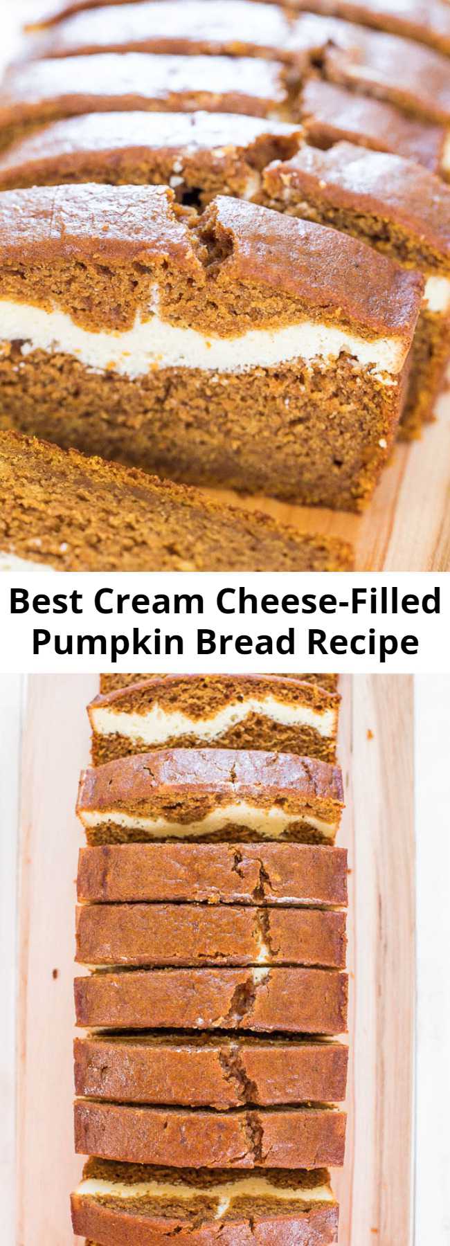 Best Cream Cheese-Filled Pumpkin Bread Recipe - This is without a doubt the BEST pumpkin bread recipe! This pumpkin cream cheese bread tastes like it has cheesecake baked into the middle. You’ll definitely want a second slice! #pumpkindesserts #pumpkinrecipes