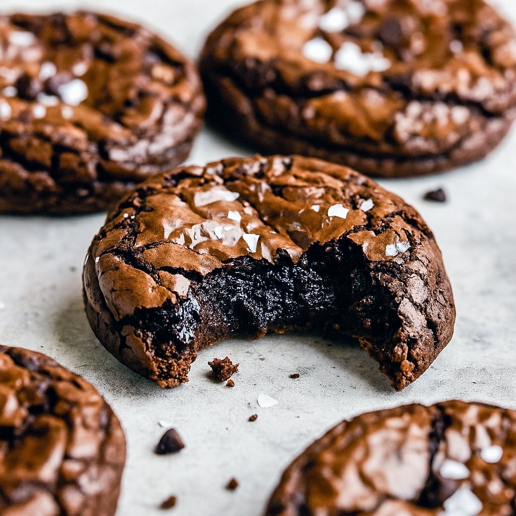 Stack of fudgy brookies with crackled tops and gooey centers, sprinkled with sea salt, on parchment paper.