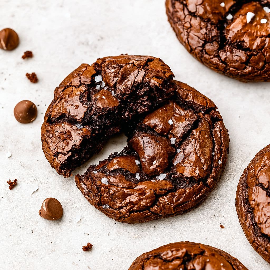 Stack of fudgy brookies with crackled tops and gooey centers, sprinkled with sea salt, on parchment paper.