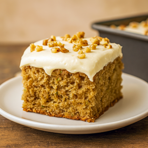 Slice of the Best Zucchini Cake Recipe topped with cream cheese frosting and walnuts, the perfect Harvest Desserts Easy idea with cozy fall spices.