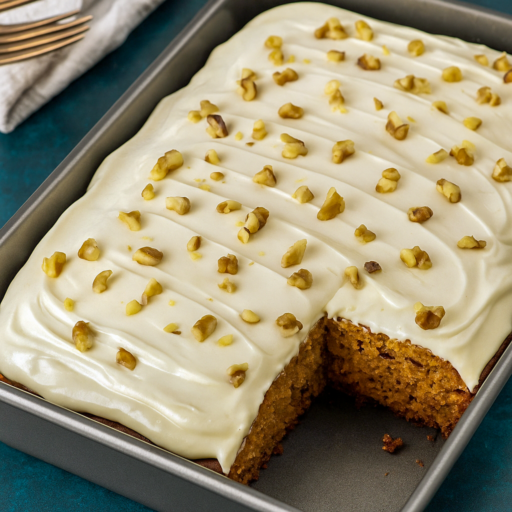 Slice of the Best Zucchini Cake Recipe topped with cream cheese frosting and walnuts, the perfect Harvest Desserts Easy idea with cozy fall spices.