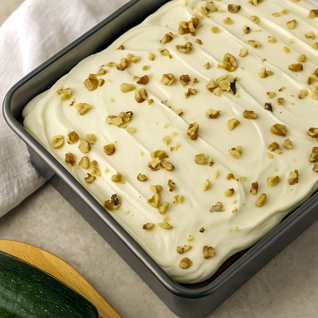 Slice of the Best Zucchini Cake Recipe topped with cream cheese frosting and walnuts, the perfect Harvest Desserts Easy idea with cozy fall spices.
