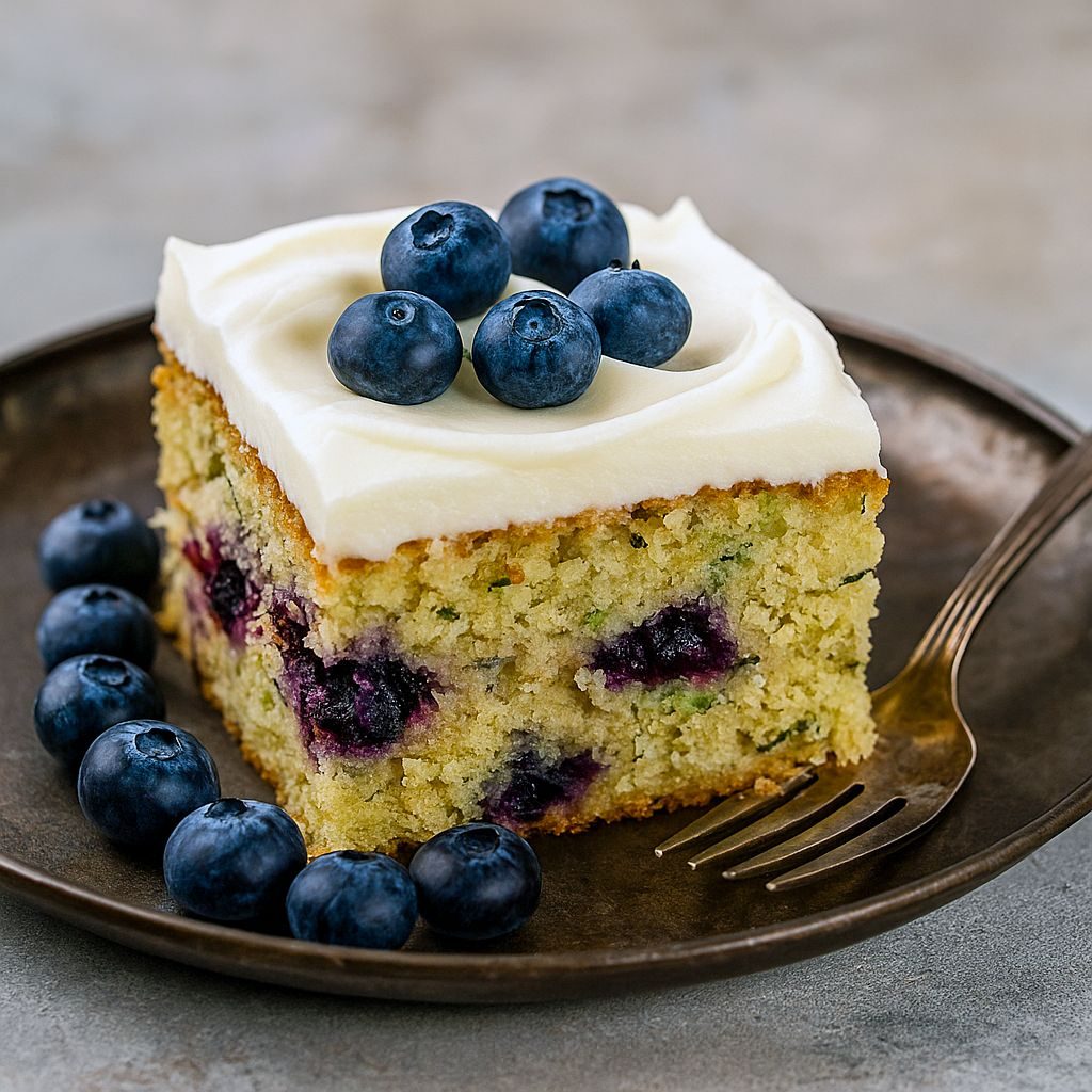 Close-up of a golden sheet cake studded with fresh blueberries and flecks of zucchini, topped with smooth lemon buttercream and a sprinkle of lemon zest.