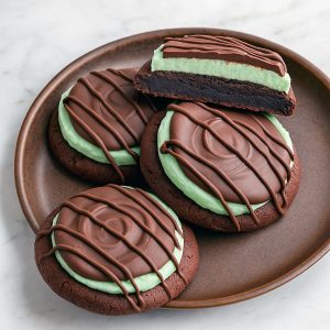 Close-up of a chocolate mint cookie with green buttercream and shiny ganache on a festive plate — perfect Mint Christmas Cookies.