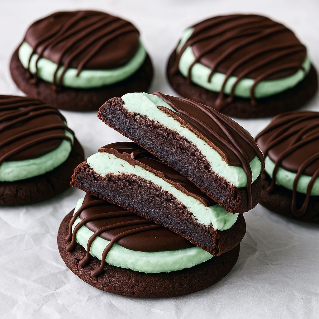 Close-up of a chocolate mint cookie with green buttercream and shiny ganache on a festive plate — perfect Mint Christmas Cookies.