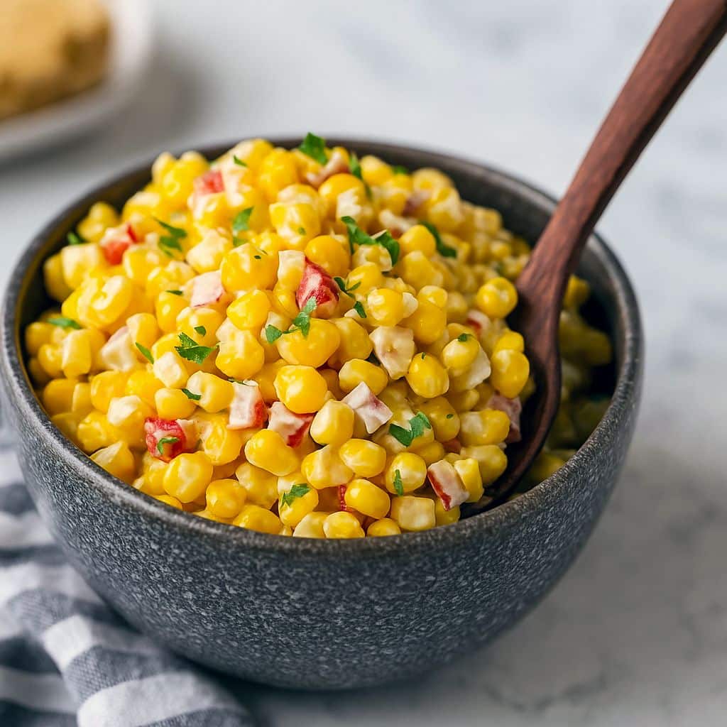 Bowl of Crack Corn Salad filled with sweet corn, crispy bacon, cheddar, jalapeño, and creamy ranch — a refreshing mix that’s perfect for BBQs, picnics, and Easy Healthy Summer Side Dishes like Healthy Salad Side Dishes, Cold Salad Ideas Summer, and other Cool Salad Recipes.