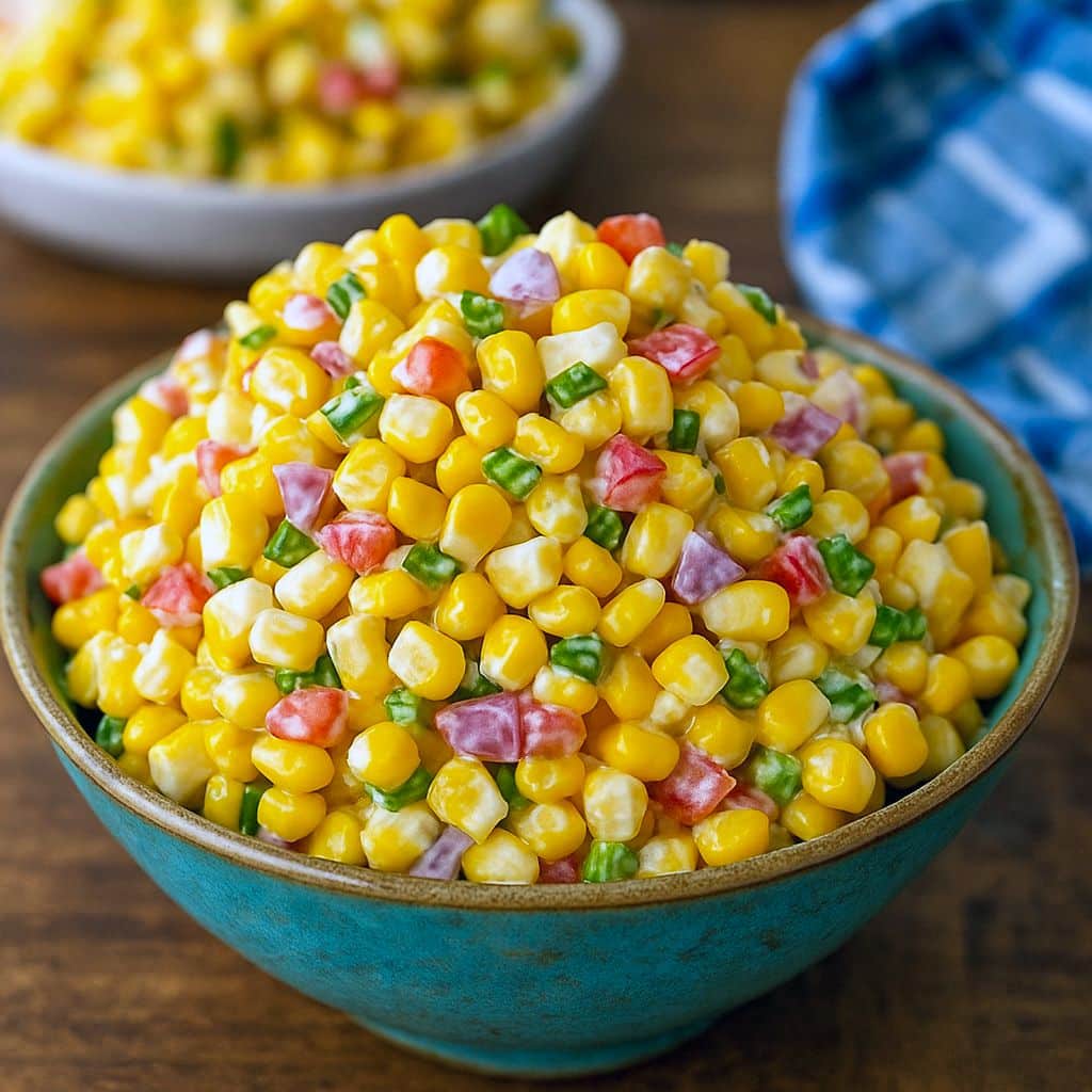 Bowl of Crack Corn Salad filled with sweet corn, crispy bacon, cheddar, jalapeño, and creamy ranch — a refreshing mix that’s perfect for BBQs, picnics, and Easy Healthy Summer Side Dishes like Healthy Salad Side Dishes, Cold Salad Ideas Summer, and other Cool Salad Recipes.