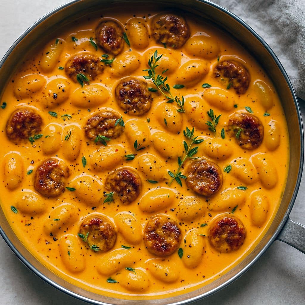 Creamy bowl of butternut squash gnocchi coated in a Parmesan cream sauce, topped with crumbled Italian sausage and chopped parsley.