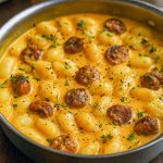Creamy bowl of butternut squash gnocchi coated in a Parmesan cream sauce, topped with crumbled Italian sausage and chopped parsley.