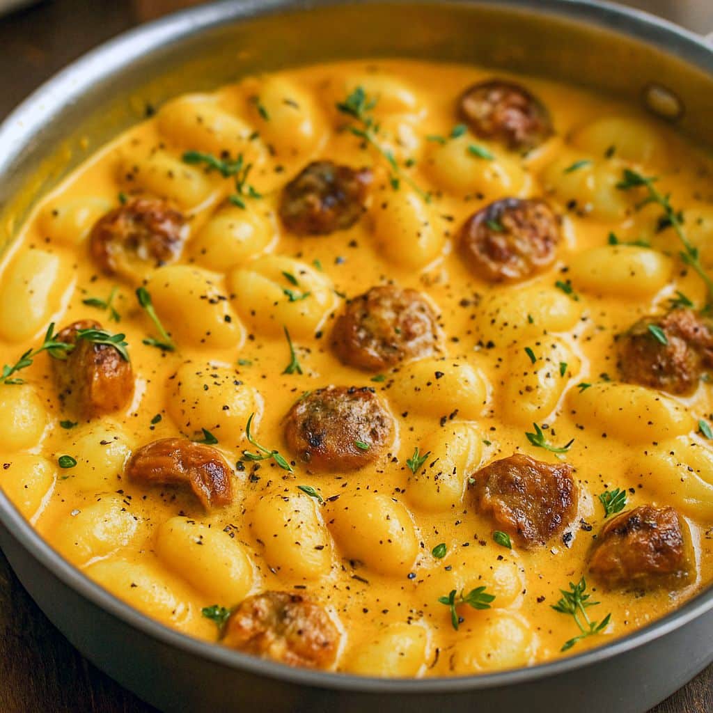 Creamy bowl of butternut squash gnocchi coated in a Parmesan cream sauce, topped with crumbled Italian sausage and chopped parsley.